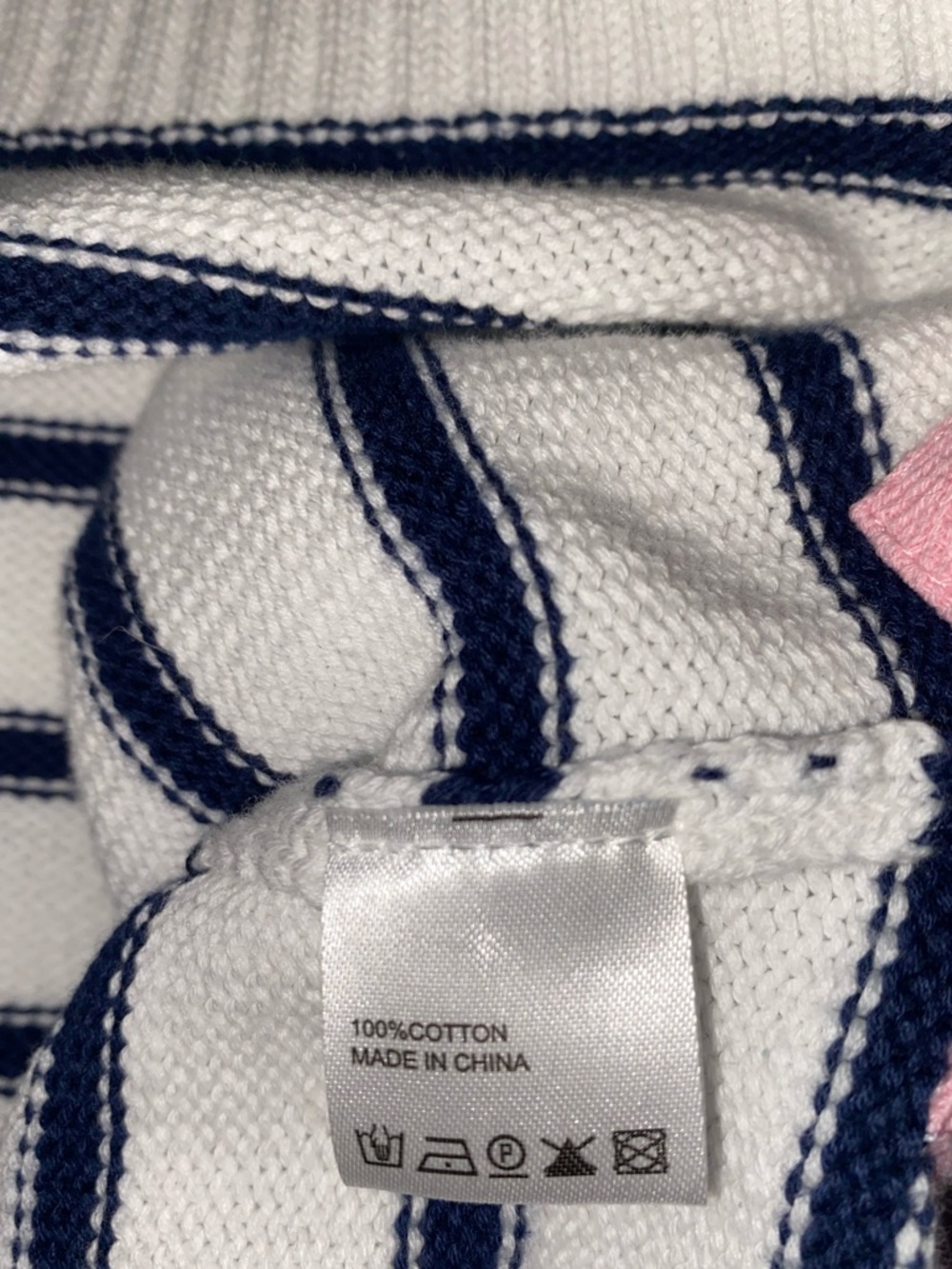 PINK PINEAPPLE 1/2 Zip Striped Cotton Sweater In White/Navy With Hearts on Elbow - Picture 5 of 5